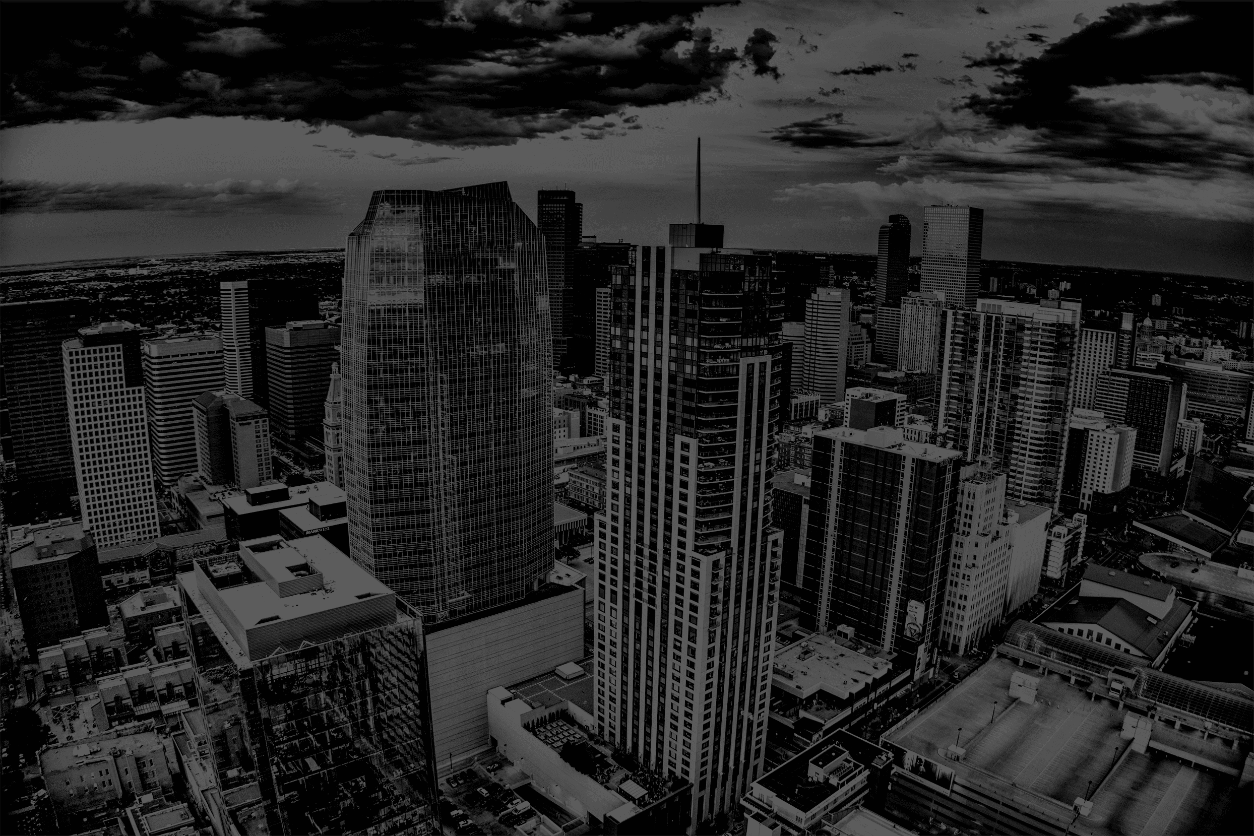 Black and white image of Denver, Colorado skyline.